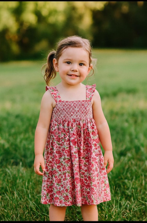 Rose pink hand smocked dress, rose and geometric smock dress, summer smock  sundress dress. Smock ruffle rose sundress with bow in the back