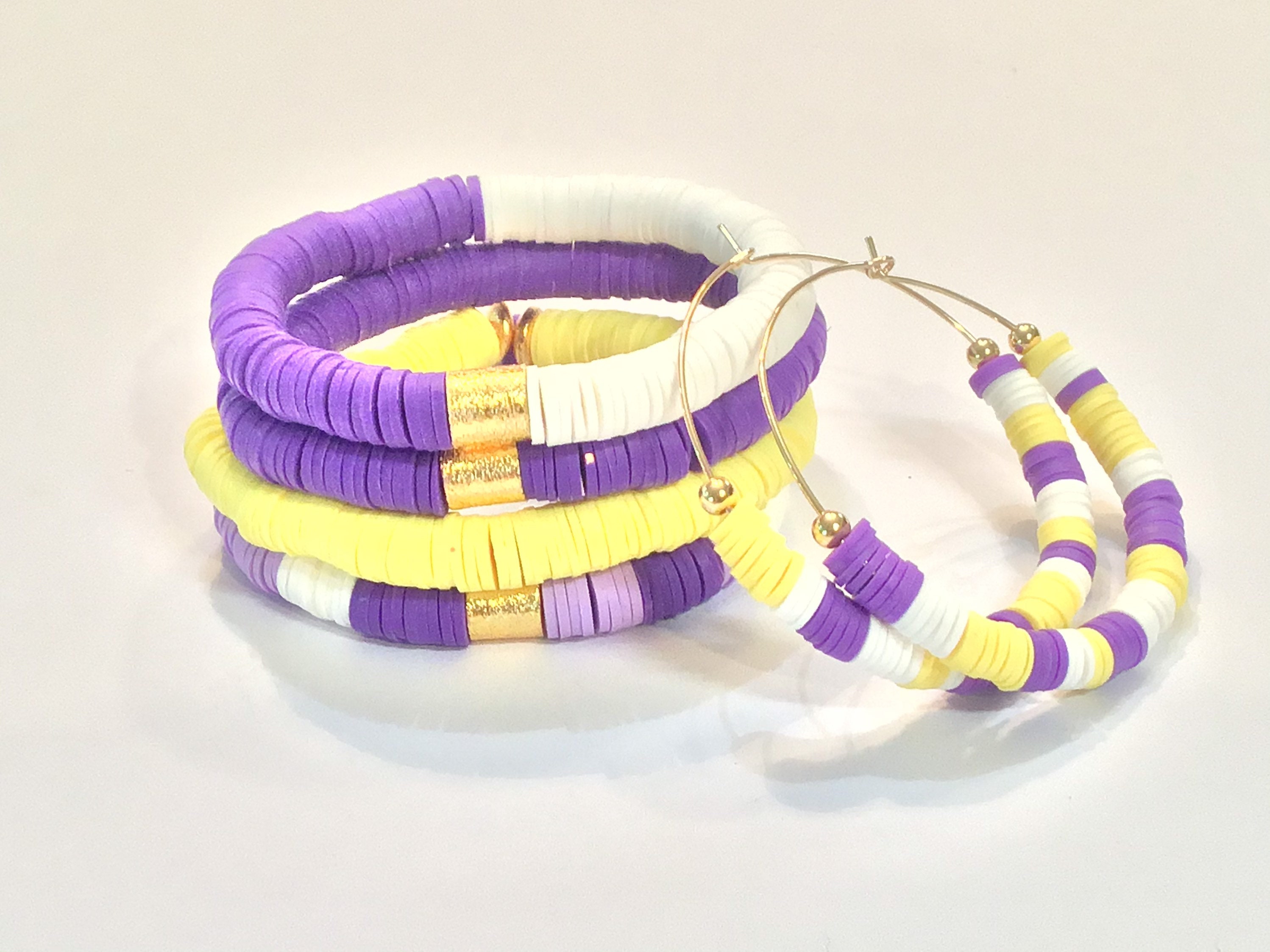 LSU Heishi Beaded Bracelet, Purple White Gold Stretchy Bracelet #795, Ravens Team Spirit Clay Beaded Bracelets Purple/GoldHeishi