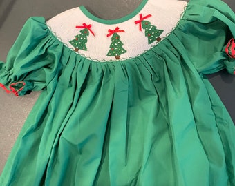 white christmas dresses Green Silk Girls Smocked Dress with Red Ribbons 5 main image 1