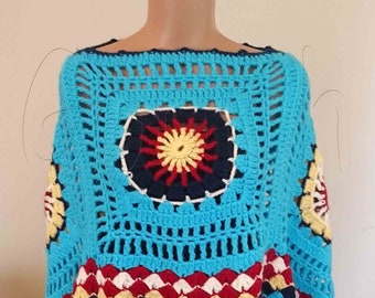 Crochet poncho, Crocheted Colorful Granny Squares Poncho with fringes, Crochet Top