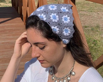 Crochet Daisy Headband: Granny Square Cotton Bandana