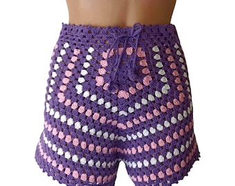 Handmade Crochet Granny Square Shorts: Purple, Pink, Cream - S/M
