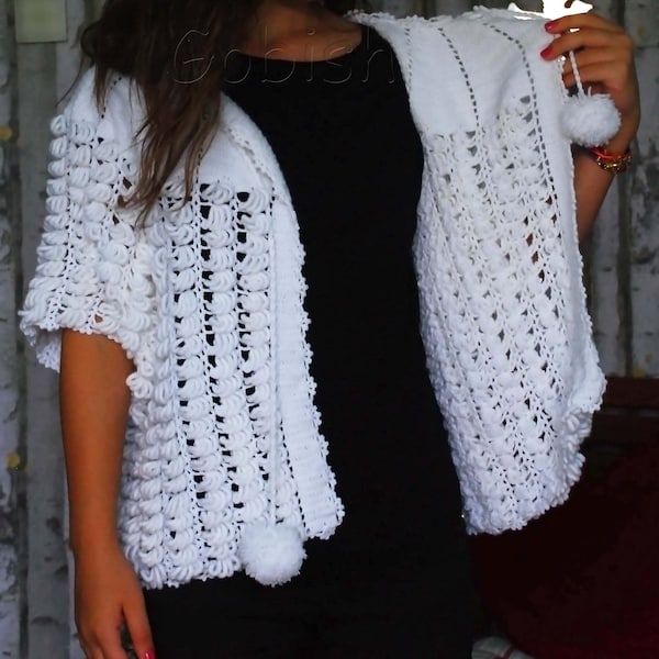 Cardigan blanc au crochet fait à la main, veste Chunky, cardigan à manches courtes, livraison express, livraison gratuite