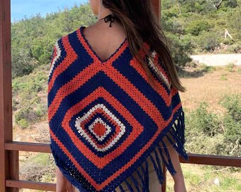 Crochet Poncho, Handmade Crocheted Poncho with fringes, Boho Crochet Top Cape