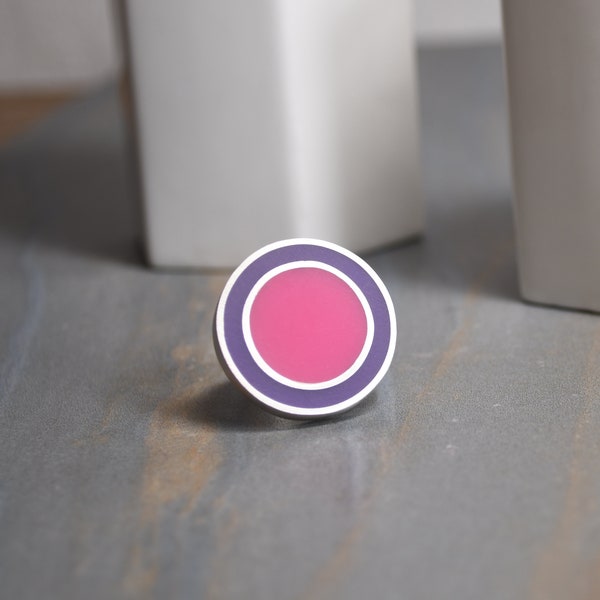 Graphic Designer Ring, Size 7.5, Sterling Silver And Resin, Magenta And Violet Colors, Modernist Ring, Statement Ring