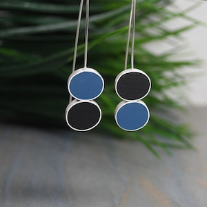 Resin Earrings, Modern Design, Dangle Type, Blue And Black Colors, Sterling Silver, Unique Statement Earrings