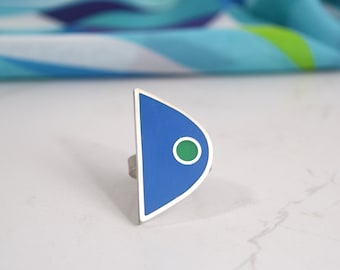 Handgjord sterlingsilverring i harts, elliptisk modernistisk statementring, blågrön, storlek 8