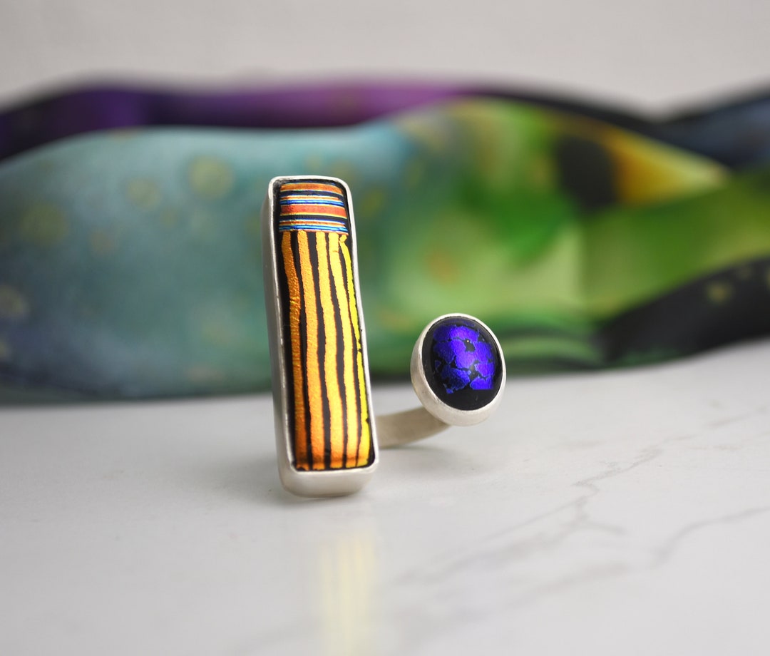 Fused Glass Ring, Size 8, Adjustable, Modern Statement Ring, Sterling