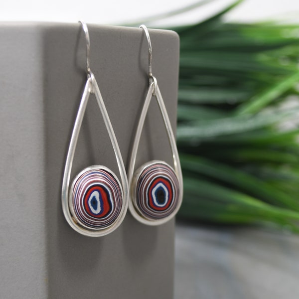 Fordite Earrings, Modern Design, Genuine Fordite, Fine Silver, Dangle Style, Fordite Jewelry, Contemporary Design