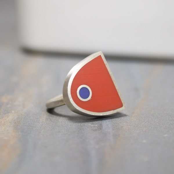 Ellipse Ring, Size 7, Sterling Silver And Resin, Modernist Ring, Statement Ring