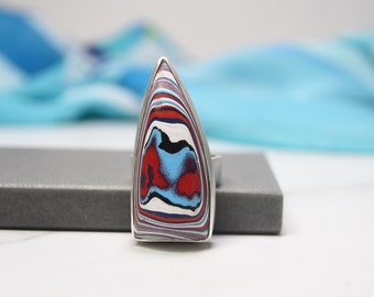 Fordite Ring, Size 7-1/2, Detroit Agate, Modern Design, Genuine Fordite, Sterling Silver, Handmade Artisan Ring