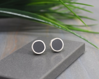 Dark Gray Color Resin Stud Earrings, Modernist Design, Sterling Silver, Circle Shaped, Handmade Resin Earrings
