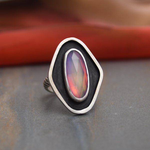 Aurora Opal Ring, Size 7.5, Statement Ring, Modern Design, Unique Ring, Sterling Silver, Contemporary Ring, Handmade Artisan Jewelry