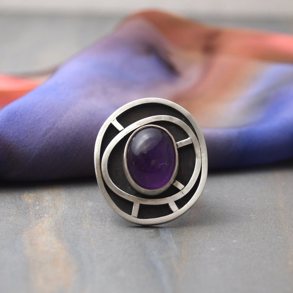 Prosperity Ring, Size 8, Amethyst Statement Ring, Adjustable Band, Sterling Silver, Handmade Modern Statement Ring, USPS PRIORTY MAIL