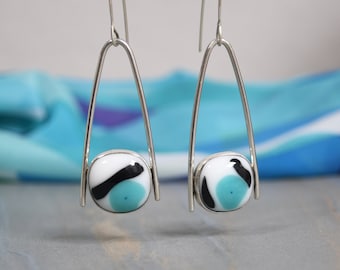 Fused Art Glass Earrings: Sterling Silver Modernist Dangle Earrings