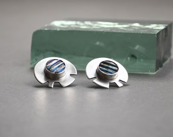 Örhängen i smält glas, skivformade, stolpformade, sterlingsilver, moderna örhängen, handgjorda