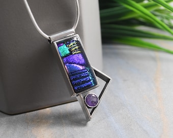 Art Glass Pendant, Amethyst Gemstone, Sterling Silver, One Of A Kind Design, Modernist Style, Handmade Artisan Pendant