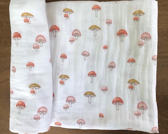 Organic Muslin Baby Swaddle-Mushroom Cotton Baby Blanket-2 Sizes- Receiving Blanket-Breathable Nursing Cover-Summer Blanket-QUICK SHIP