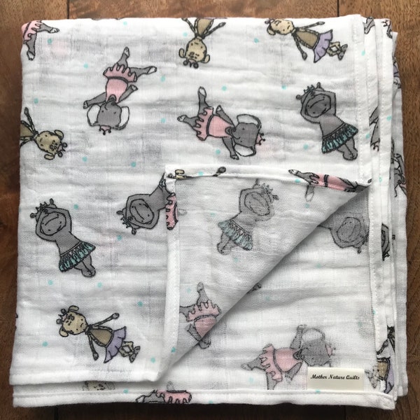 Ballerina Baby Swaddle-Dancing Hippos, Elephants & Giraffes-Double Gauze 100%  Cotton-Large Baby Blanket-Breathable Nursing Cover-QUICK SHIP