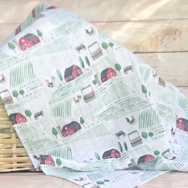 Baby Swaddle-Farm Nursery-Double Gauze Cotton- Green, Red, White-2 Sizes- Newborn Wrap-Breathable Nursing Cover-Photo Prop-Gift- QUICK SHIP