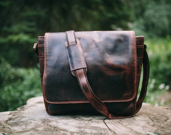 Dark Brown Leather Laptop Messenger Bag — The Handmade Store