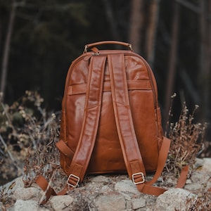May include: A brown leather backpack with adjustable shoulder straps and a top handle. The backpack has a zippered main compartment and a front pocket. The straps are secured with gold-colored metal buckles. The backpack is sitting on a rocky surface.