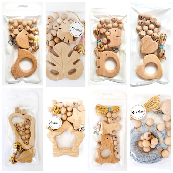 Kit DIY Chupetero de madera de Haya -beech wood pacifier clip -Buchenholz Schnullerkette -Clip sucette en bois de hêtre -Paci clips