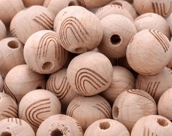 16MM - Engraved beech wood rainbow beads - engraved beech wood beads - boules en Bois d' hêtre - stern Buchenholzperlen