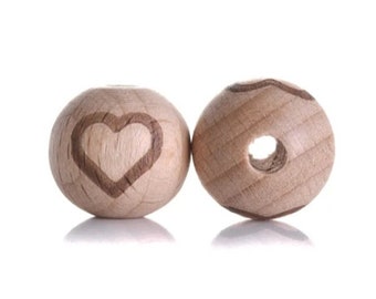 16MM - Engraved beech wood heart beads - engraved beech wood heart beads - coeur boules en Bois d' hêtre - herz Buchenholzperlen