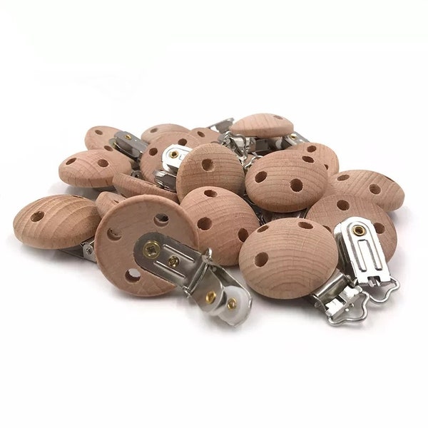 ROUND Beech wood pacifier holder WITH HOLE -beech wood pacifier clip -Buchenholz Schnullerkette -Clip sucette en bois de hêtre