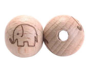 16MM - ELEPHANT beads engraved beech wood - engraved beech wood heart beads - coeur boules en Bois d' hêtre - herz Buchenholzperlen