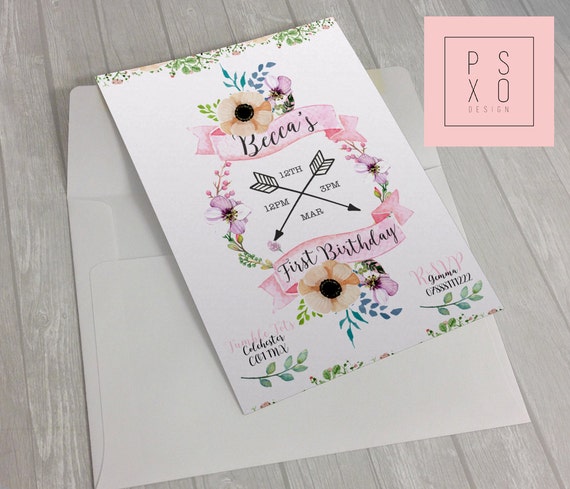 First Birthday Invite Baby Girl Watercolour Floral Theme Etsy