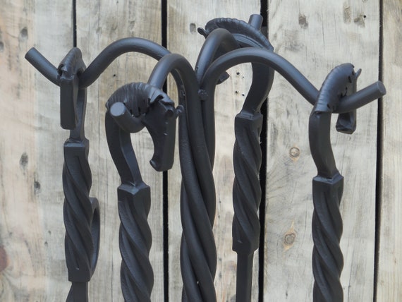 Wrought Iron Fireplace Tools Set 5 Pieces Poker Shovel Etsy