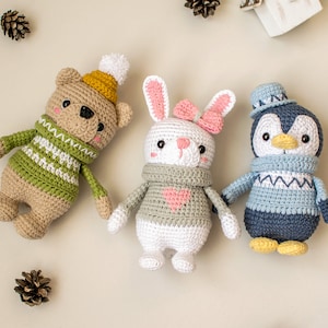 Bär, Häschen und Pinguin gehäkelte Kuscheltiere, Amigurumi handgemachtes Spielzeug