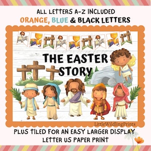 Könnte beinhalten: Druckbare Ostergeschichte-Girlande mit bunten Buchstaben, Illustrationen von Jesus, Engeln und dem Grab. Die Girlande enthält den Text "The Easter Story" und ist für eine einfache Präsentation gekachelt.