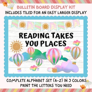 Reading Takes You Places Glitter Bulletin Board Kit, Books Adventure Library Balloon Theme, Teacher Classroom Printable Decor