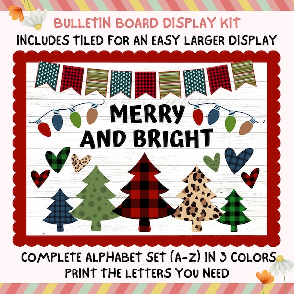 Modern Christmas Bulletin Board Kit, Merry Bright Tree Lights Teacher Classroom Printable Decor, Door Kit December