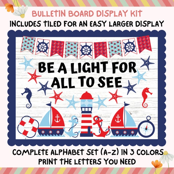 Christian Bulletin Board Kit, Sea Ocean Boat Lighthouse Nautical Theme, Religious Church Bulletin, Teacher Classroom Printable Decor