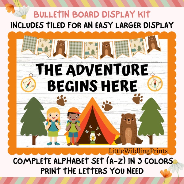 Adventure Bulletin Board Adventure Begins Here Camping Display Kit Custom Words Printable Classroom Decor Door Kit May June July