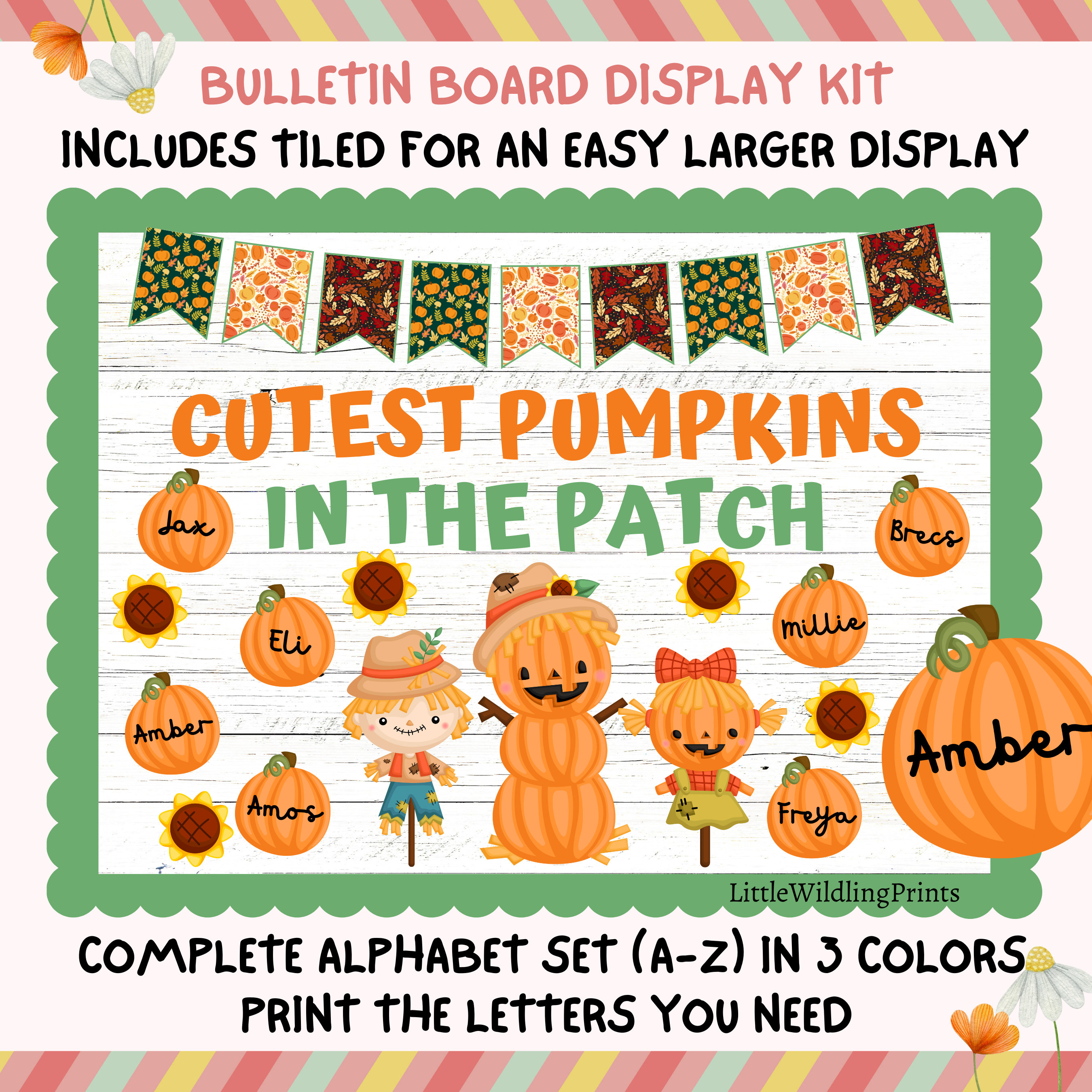 Pumpkin Fall Bulletin Board Kit, Scarecrow Harvest Pumpkin Class Names ...
