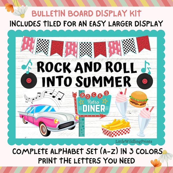 50's Diner Retro Bulletin Board Kit, 50's Rock N Roll Class Decor, Summer End of Year Bulletin