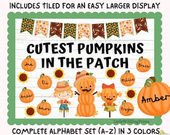 Puede incluir: Un kit de visualización de tablero de anuncios con el texto "Cutest Pumpkins in the Patch" y un conjunto de personajes de calabaza con nombres. El kit incluye un conjunto completo de alfabeto en tres colores.