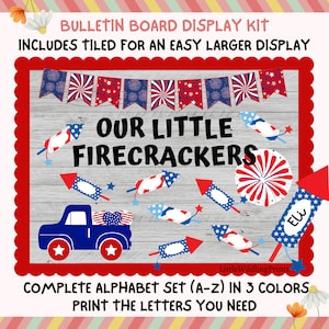 Quadro de avisos da classe de fogos de artifício de 4 de julho, decoração da classe do caminhão de fogos de artifício dos EUA, nomes das classes do Dia da Independência