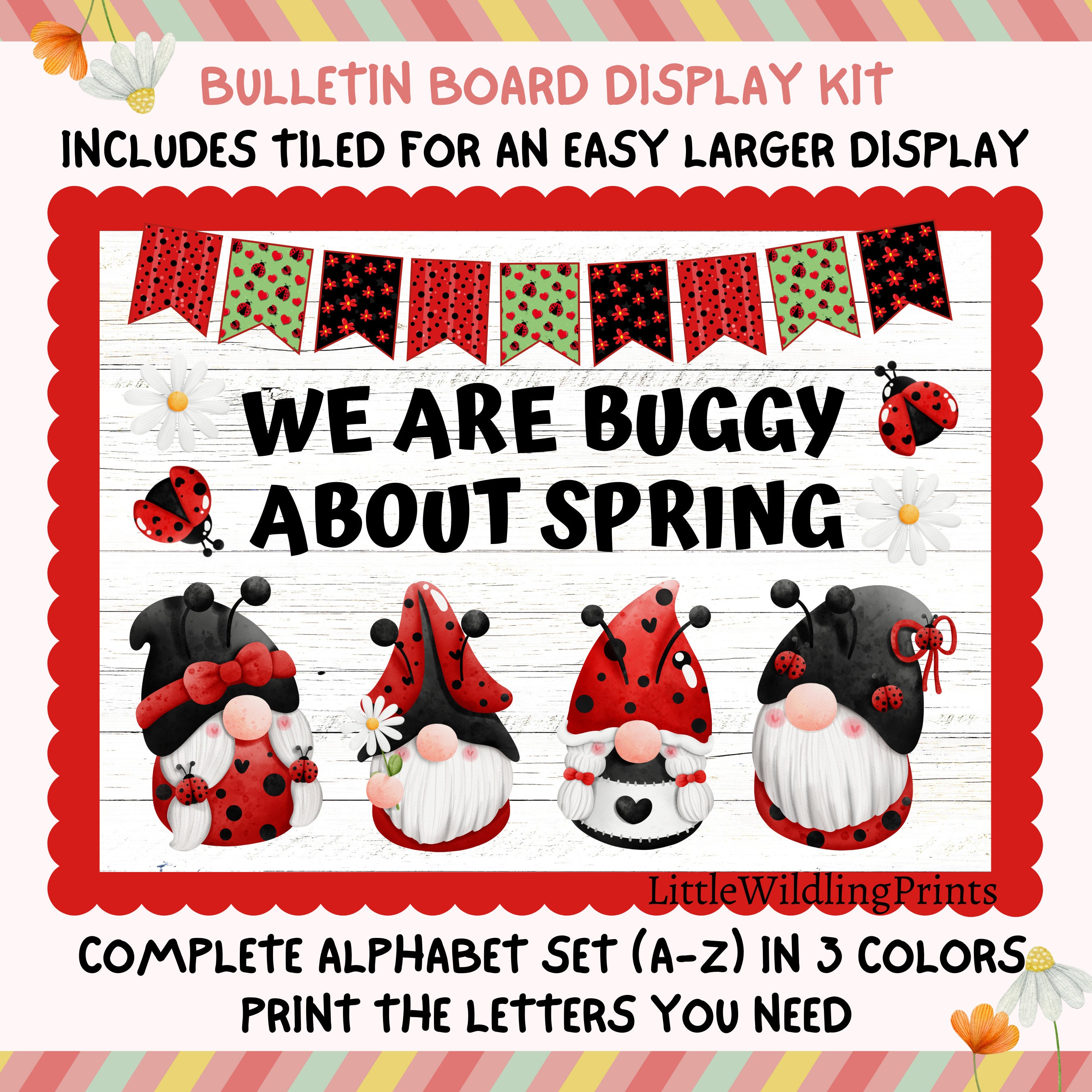 Ladybugs Spring Gnome Bulletin Board Display Custom Any Words Printable Classroom Decor Door Kit March April May