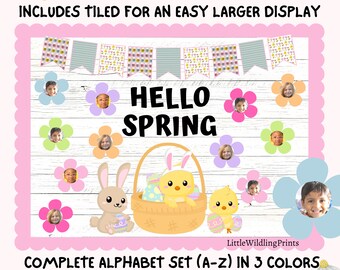 May include: A bulletin board display kit with a pink background and a white woodgrain texture. The kit includes a banner with the words "Hello Spring" and a basket with chicks and bunnies. The kit also includes a complete alphabet set in three colors. The text "Complete Alphabet Set (A-Z) in 3 Colors Print the Letters You Need" is at the bottom of the image.