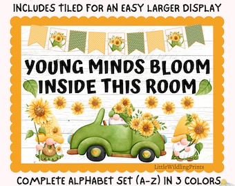 Sunflower Gnomes Bulletin Board Kit, Blooming Floral Car School Positive Mind, Teacher Classroom Printable Decor