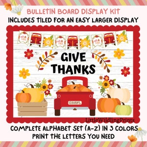 Give Thanks Truck Bulletin Board Kit, Happy Thanksgiving Pumpkin Fall Theme, Teacher Classroom Printable Decor