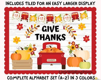Give Thanks Truck Bulletin Board Kit, Happy Thanksgiving Pumpkin Fall Theme, Teacher Classroom Printable Decor