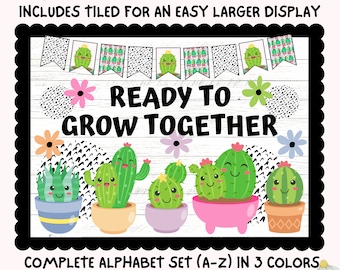 Cactus Grow Together Bulletin Board Kit, Plants Succulents Garden Cacti Black White Theme, Back To School, Teacher Classroom Printable Decor