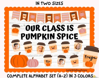 May include: A bulletin board display kit with the text "Our Class is Pumpkin Spice" and a banner of coffee cups with pumpkins. The kit includes a complete alphabet set in three colors.